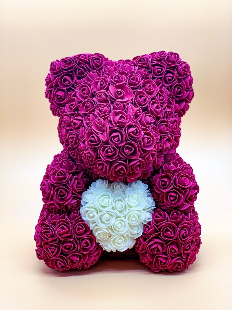 Dark Red BIG Luxury Rose Bear Handmade White Heart - RoseGift.co.uk