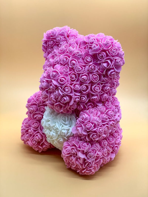 Pink Rose Teddy Bear Luxury Handmade White Heart Gift Box - RoseGift.co.uk
